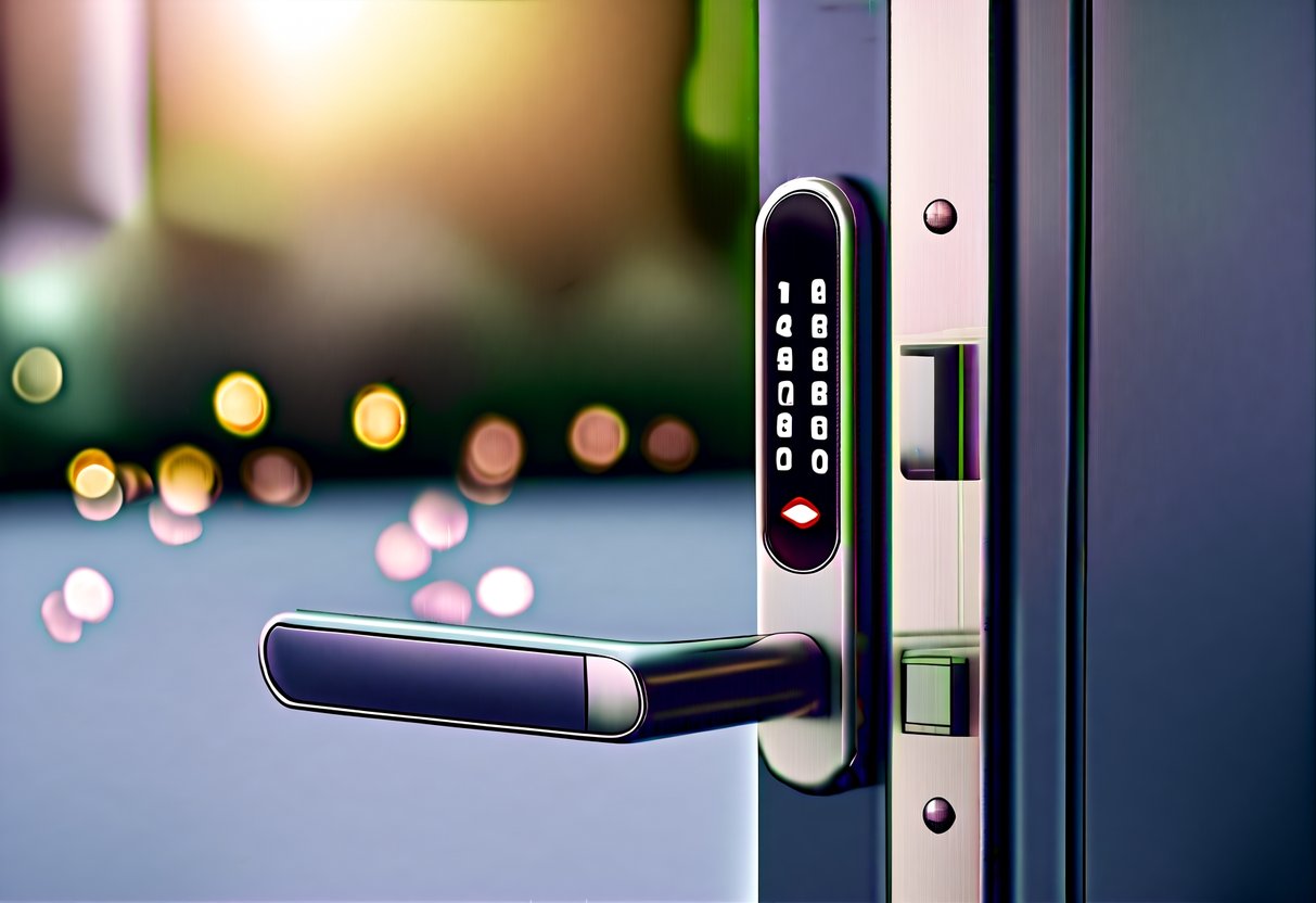 A sleek modern digital lock on a door, with a glowing keypad and a sturdy handle