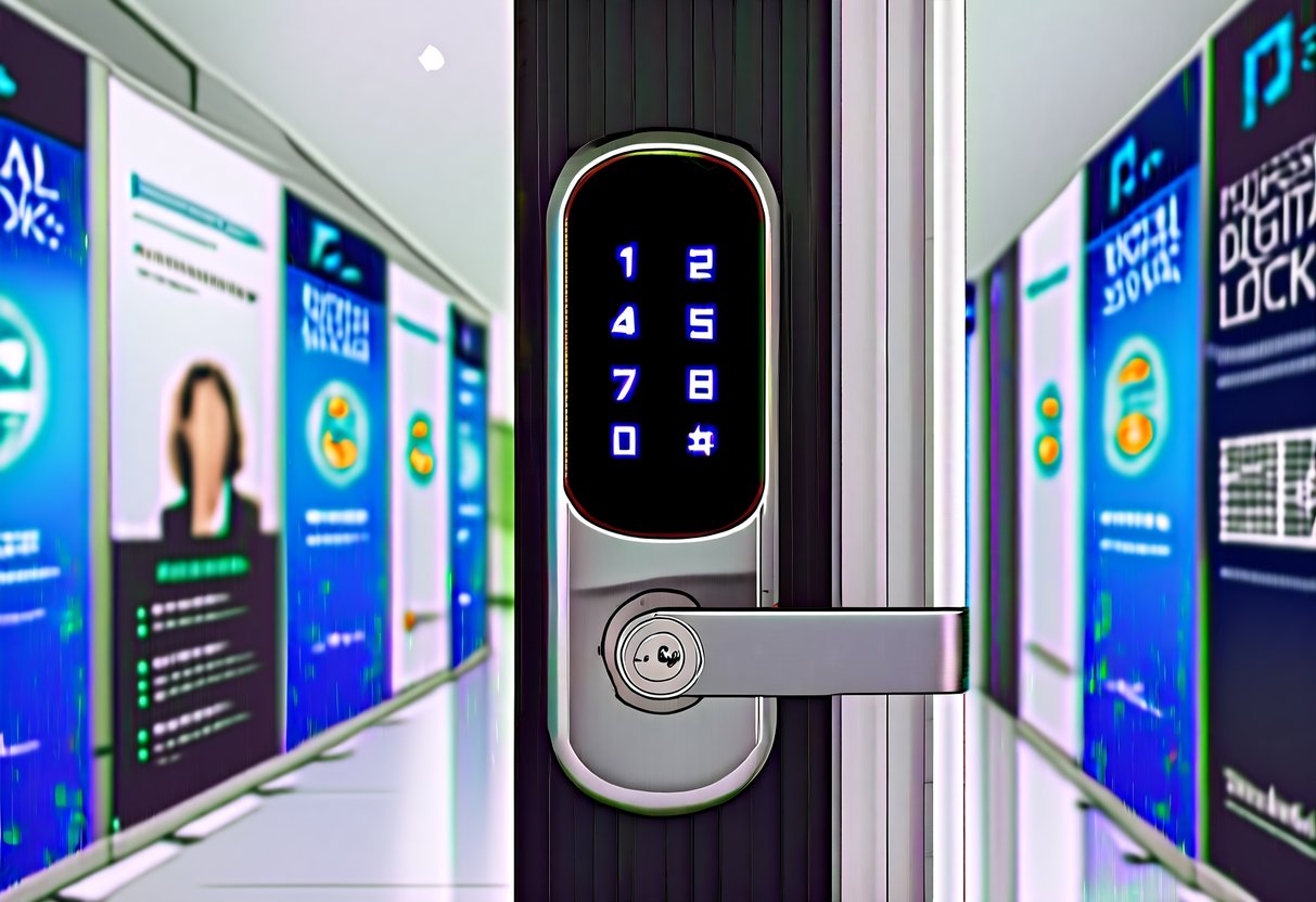 A sleek digital lock displayed on a modern door, surrounded by promotional banners and logos