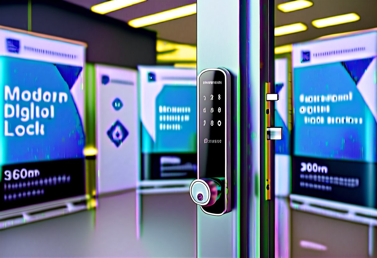 A modern digital lock displayed on a sleek door, surrounded by promotional banners and signs