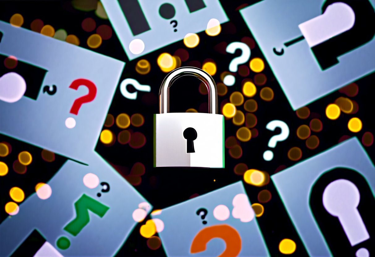 A digital lock surrounded by question marks and promotional banners