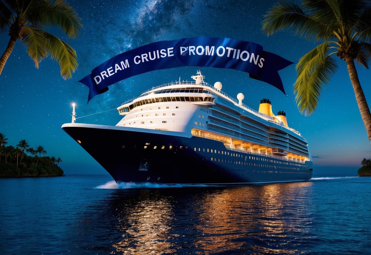 A luxury cruise ship sails under a starry night, surrounded by sparkling waters and palm-fringed islands. A banner with the words "Dream Cruise Promotions" flutters in the breeze