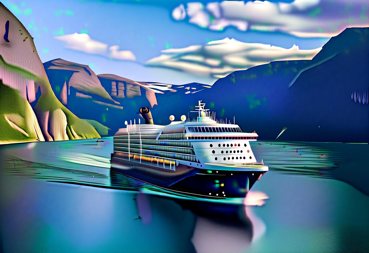 A majestic cruise ship glides through the crystal-clear waters of the Norwegian fjords, surrounded by towering cliffs and lush greenery