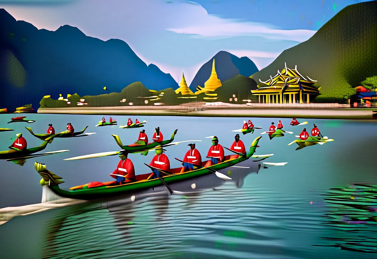 A traditional Asian dragon boat race on a serene river, surrounded by lush green mountains and colorful temples