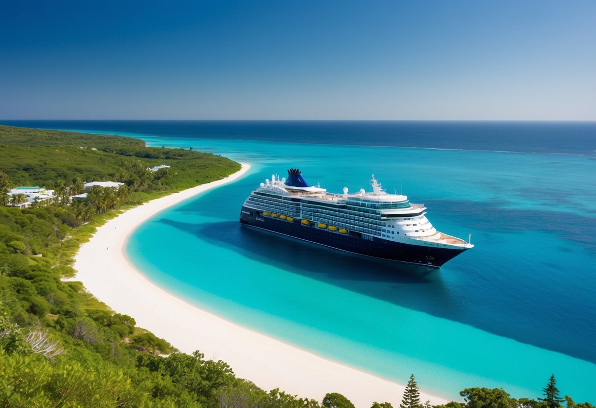 A serene coastal landscape with turquoise waters, white sandy beaches, lush greenery, and a clear blue sky. A luxurious cruise ship is anchored near the shore