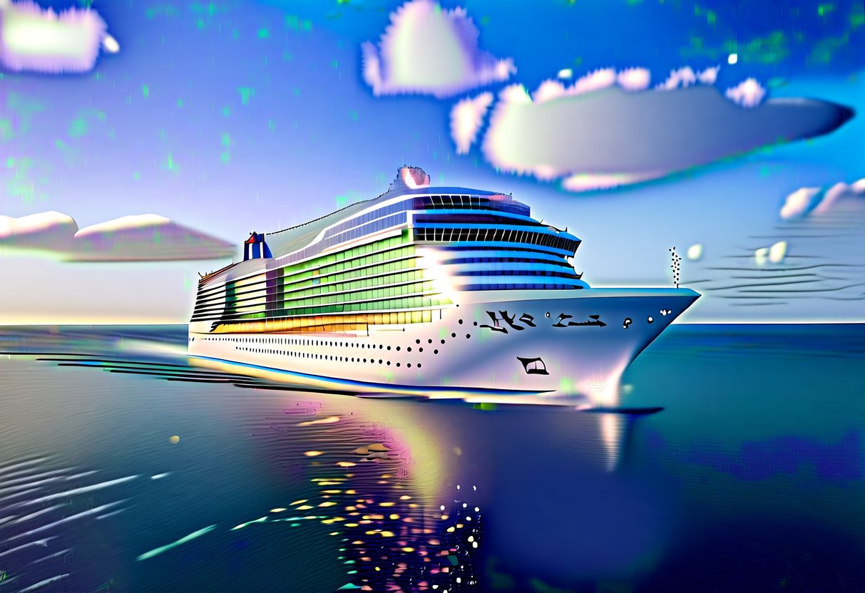 A luxurious cruise ship glides through the sparkling blue waters, adorned with elegant decor and surrounded by a backdrop of stunning ocean views