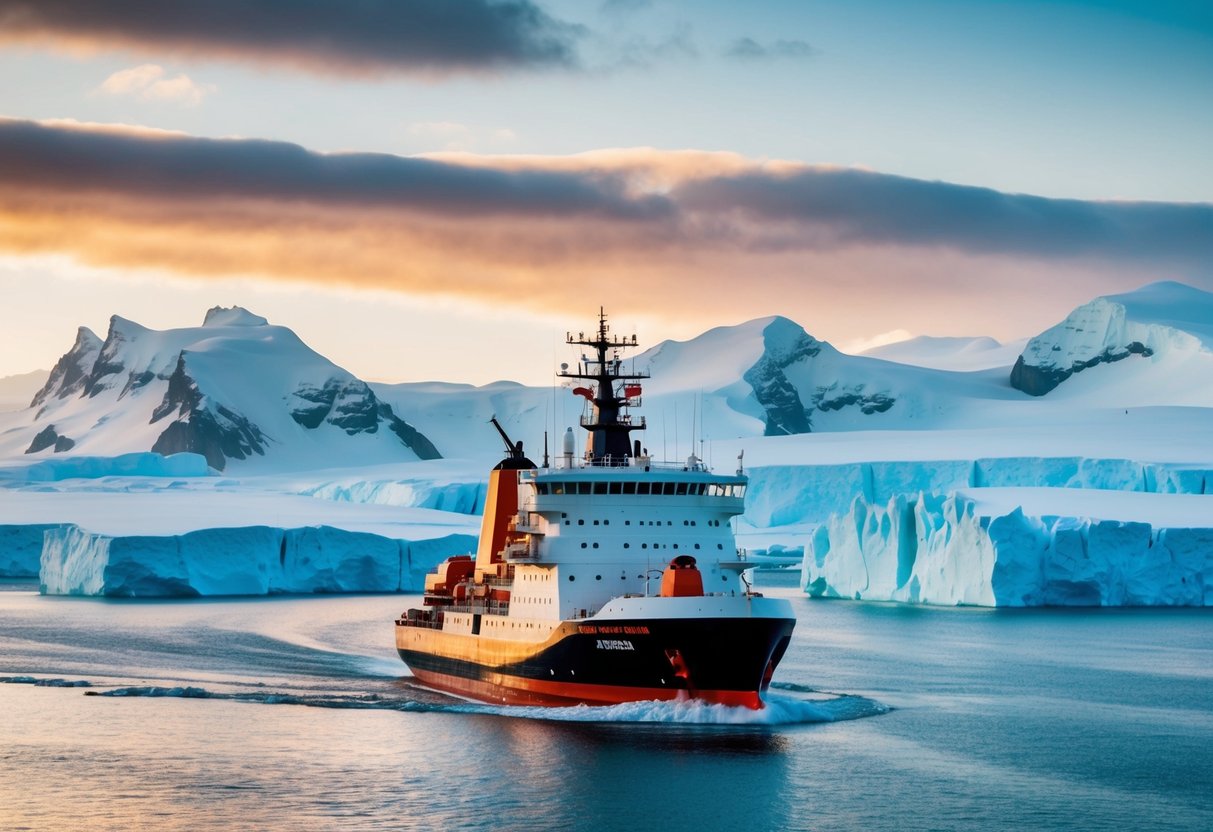 An Antarctic icebreaker ship plows through icy waters under a colorful sky, surrounded by towering glaciers and snow-capped mountains