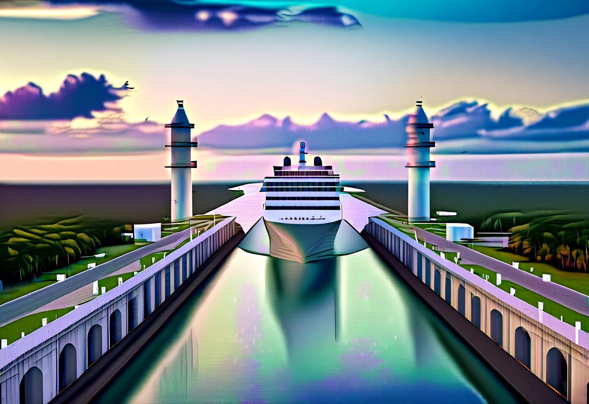 A luxury cruise ship passing through the iconic Panama Canal, flanked by lush greenery and towering locks