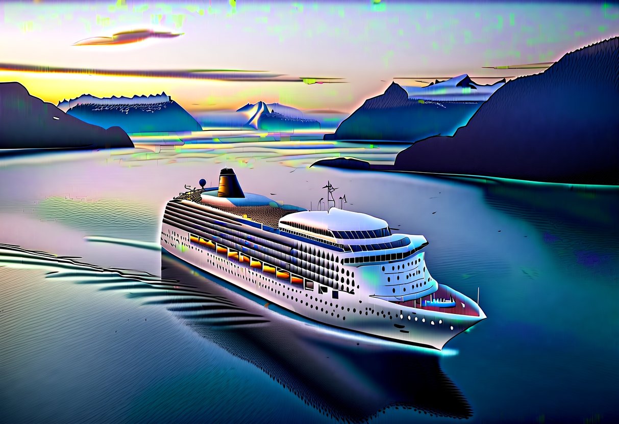 A luxurious cruise ship glides through crystal-clear waters, passing by tropical islands and towering glaciers. The sun sets in the distance, casting a warm glow over the tranquil scene