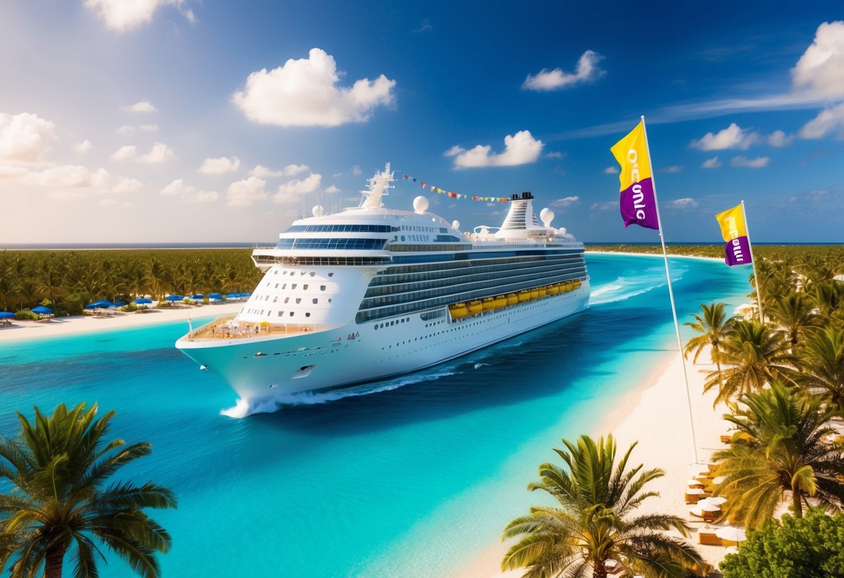 A luxurious cruise ship sailing through crystal-clear waters, surrounded by palm trees and white sandy beaches. Colorful banners and flags with the cruise company's logo flutter in the breeze