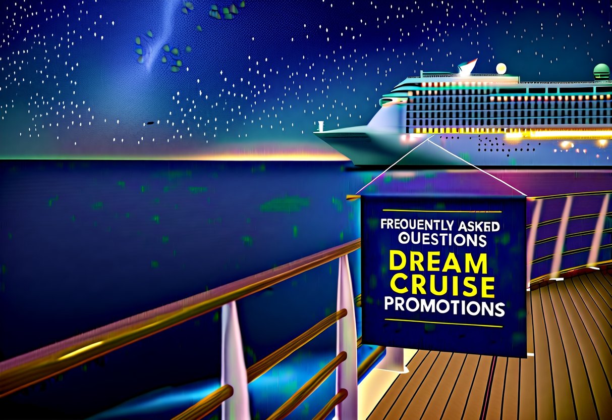 A cruise ship sailing through a starry night, with a banner reading "Frequently Asked Questions dream cruise promotions" hanging from the railing