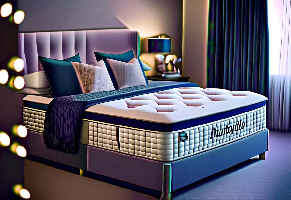 A cozy bedroom with a luxurious Dunlopillo mattress and pillows, surrounded by soft lighting and plush bedding