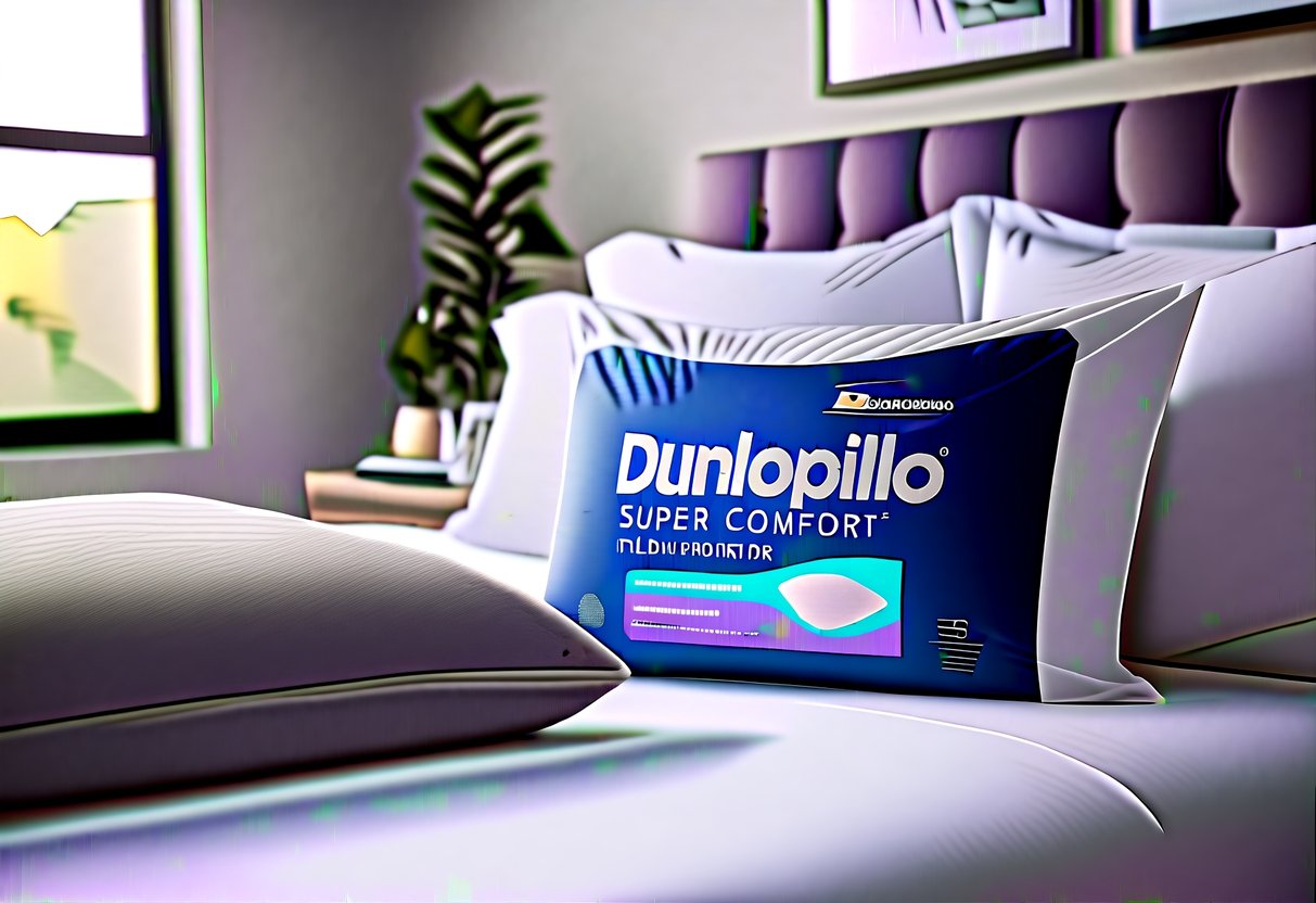 A cozy bed with a plush pillow protected by a Dunlopillo Super Comfort Pillow Protector, surrounded by subtle branding and promotional imagery