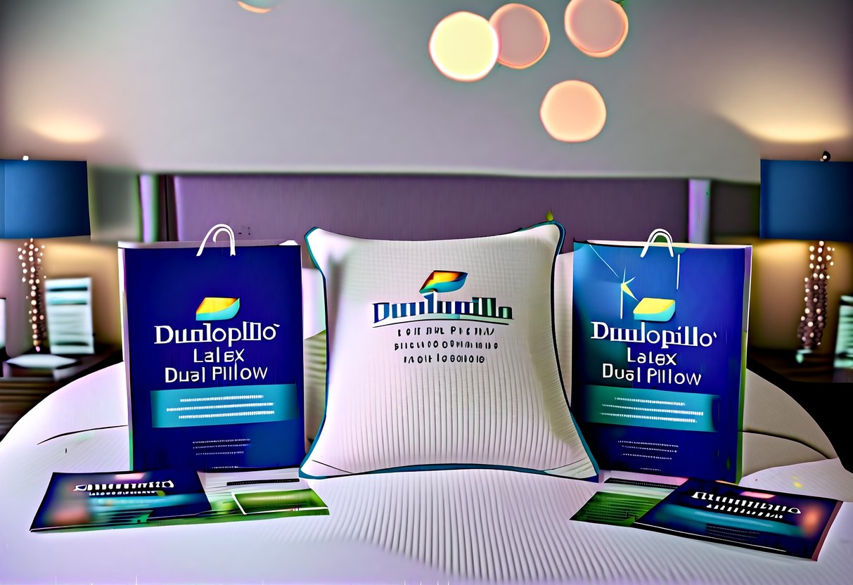 A cozy bedroom with a bed featuring a Dunlopillo Latex Dual Pillow, surrounded by promotional materials