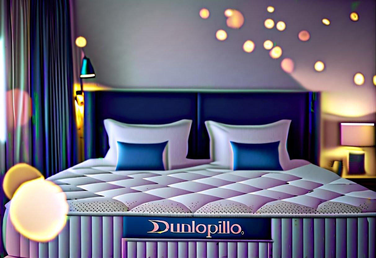 A cozy bedroom with a luxurious Dunlopillo mattress and pillows, surrounded by soft, ambient lighting and a tranquil atmosphere