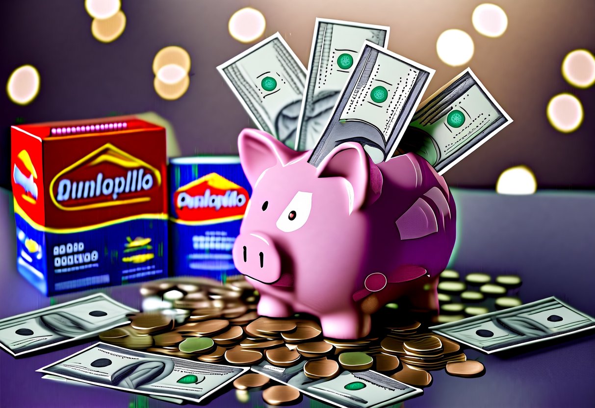 A piggy bank overflowing with coins and dollar bills, surrounded by a variety of promotional items from Dunlopillo