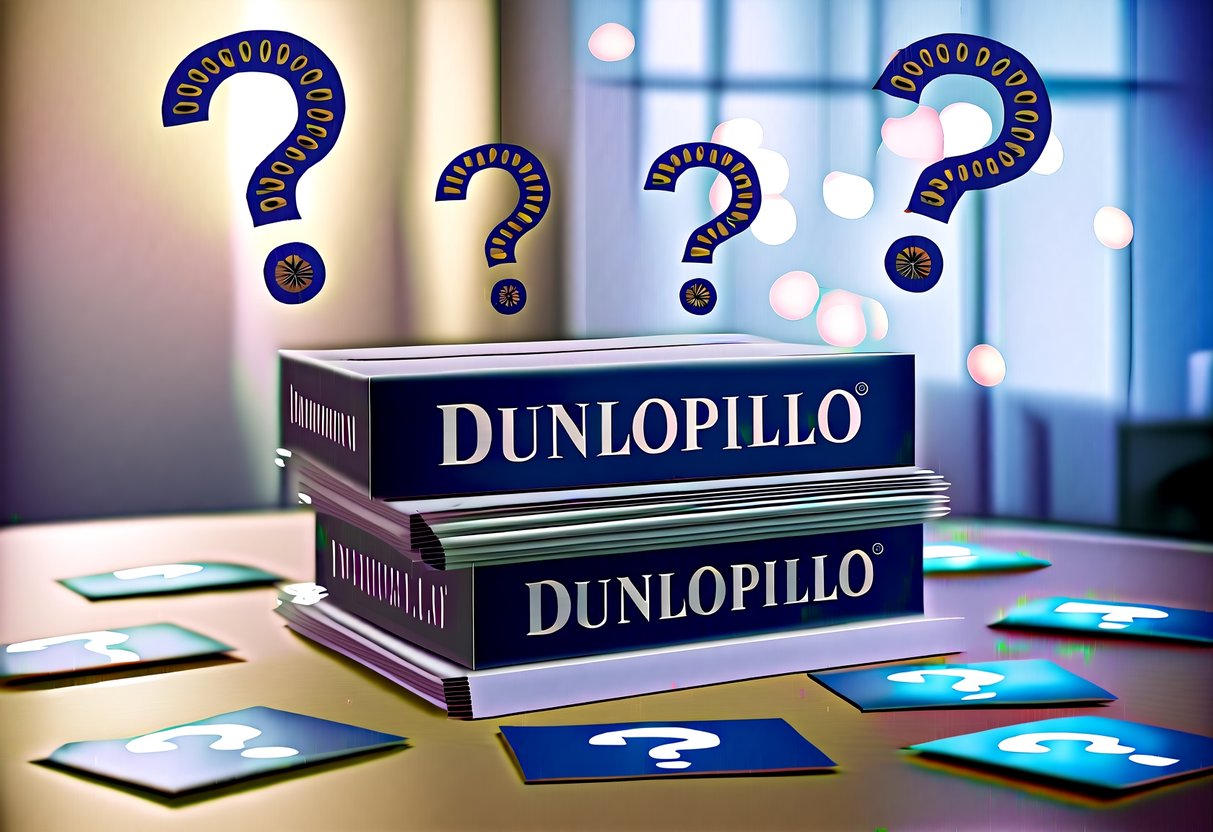 A stack of promotional materials with the Dunlopillo logo, surrounded by question marks and a sense of curiosity