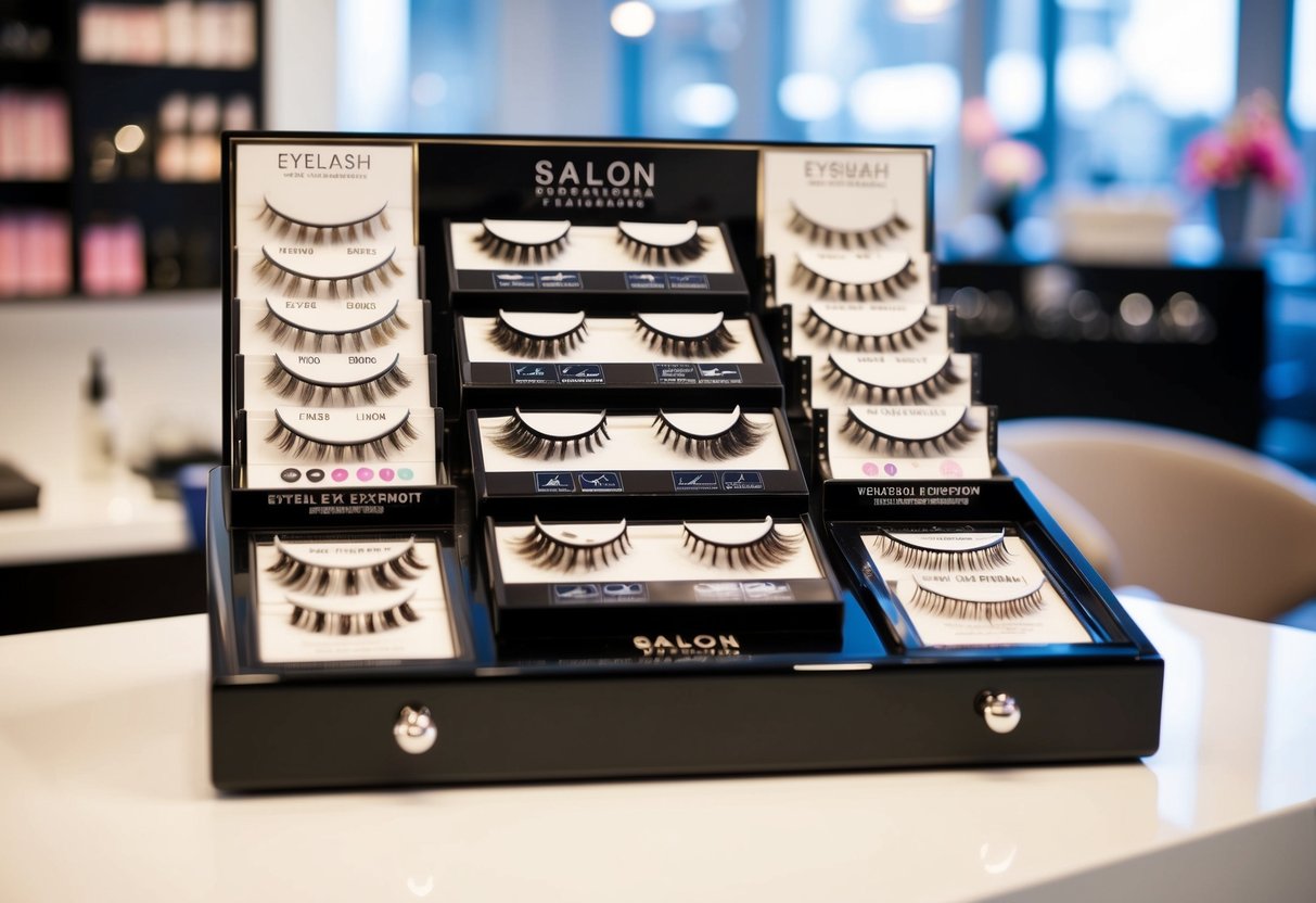 A salon display showcasing various eyelash extension options and promotional offers