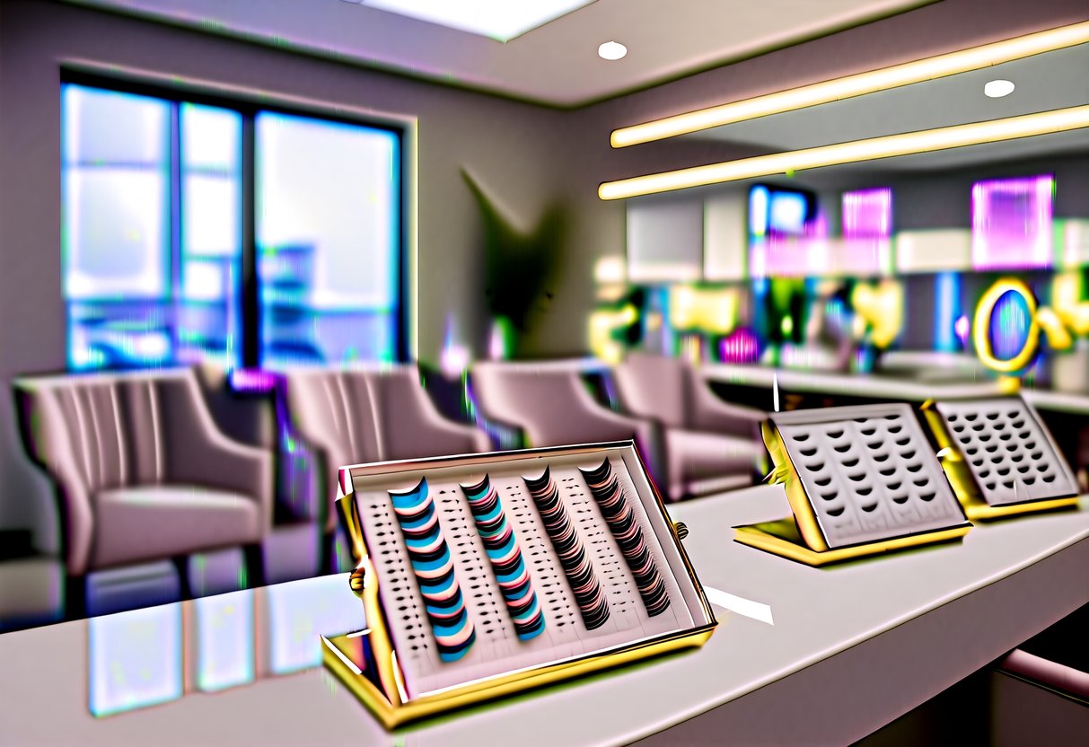 A cozy, modern studio with plush seating, soft lighting, and a display of various eyelash extension styles and colors