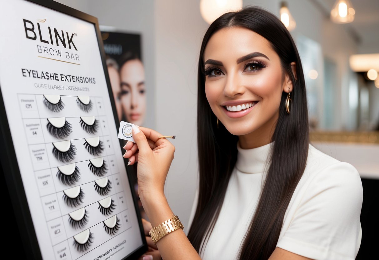 A woman with long, fluttery eyelashes smiles as she receives a stamp on her loyalty card at Blink Brow Bar. The promotional poster displays various eyelash extension options