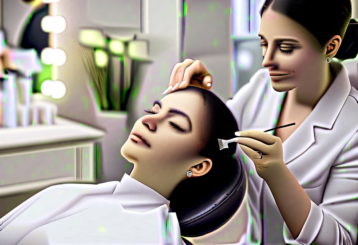 A woman reclines in a luxurious salon chair, eyes closed as a skilled technician applies delicate eyelash extensions. Soft lighting and elegant decor create a serene ambiance
