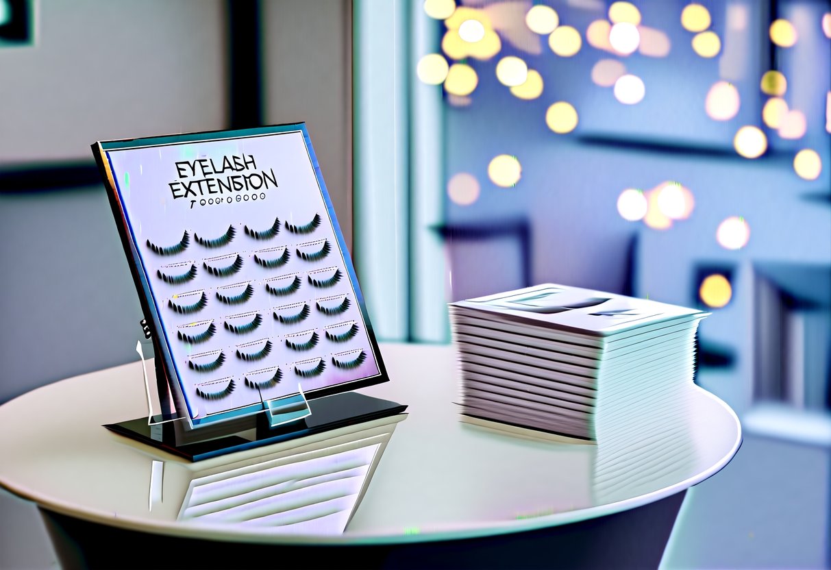 A display of eyelash extension promotions with a stack of flyers and a price list on a clean, minimalist table