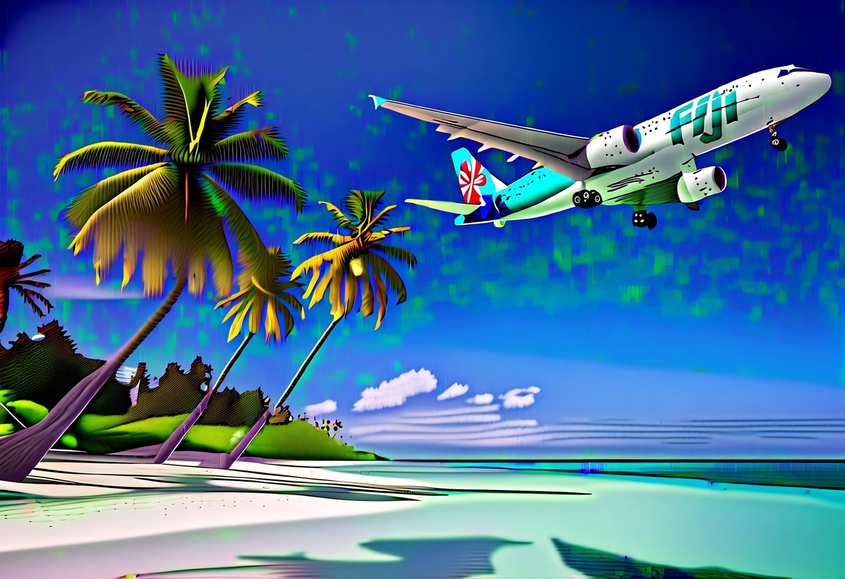 A tropical beach with a clear blue sky and a Fiji Airways plane flying overhead, surrounded by palm trees and crystal-clear water