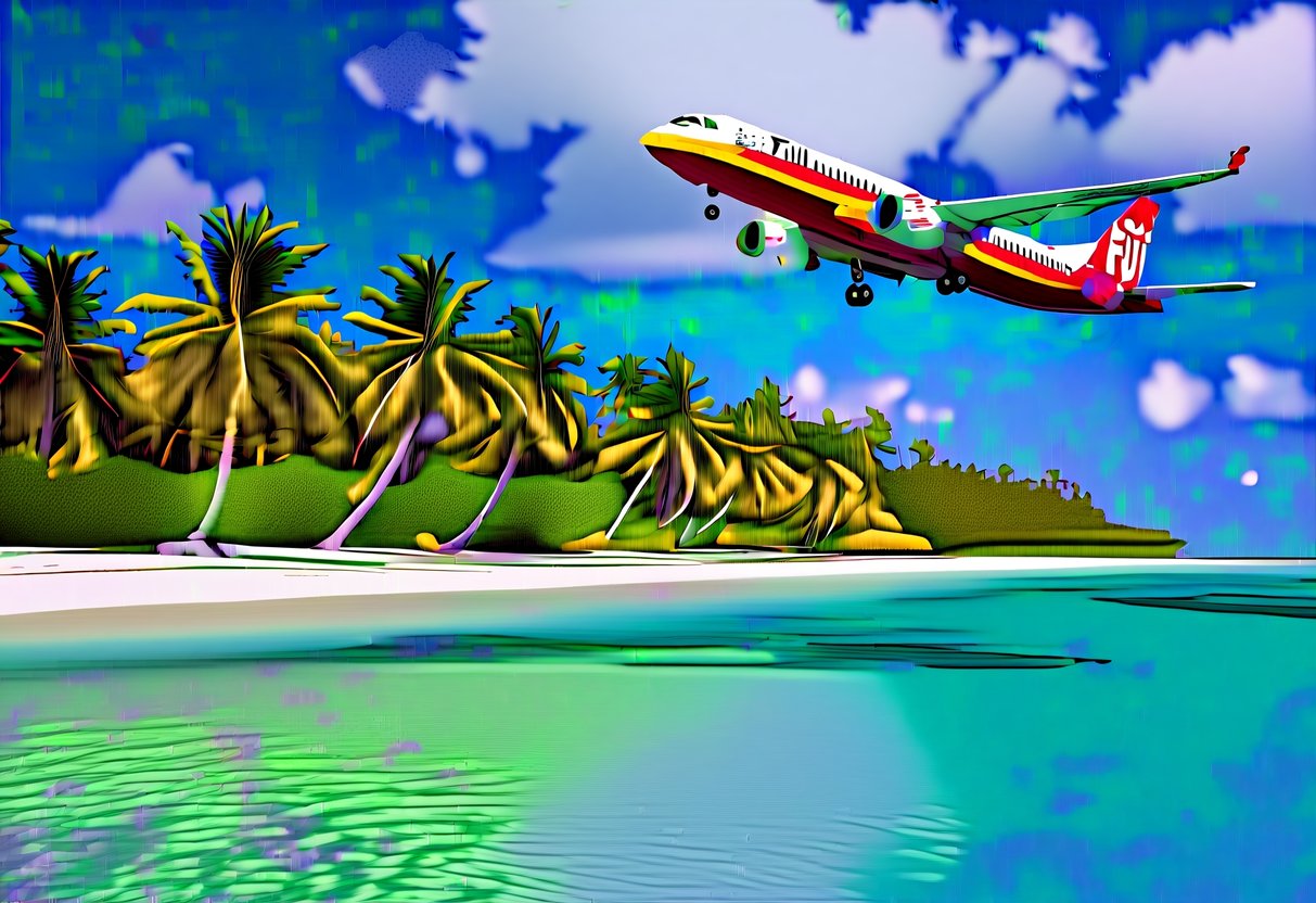 A vibrant tropical beach with palm trees, crystal clear water, and a Fiji Airways plane flying overhead