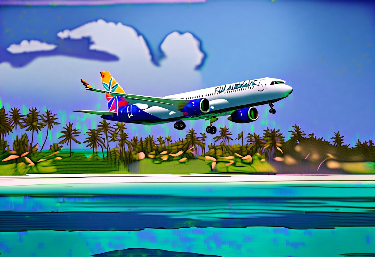 A vibrant tropical beach with a Fiji Airways plane landing against a backdrop of palm trees and crystal-clear waters