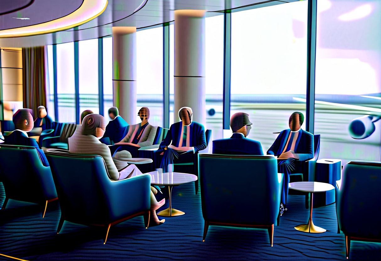 Passengers enjoying the amenities of a luxurious airport lounge, with comfortable seating, elegant decor, and a view of the tarmac