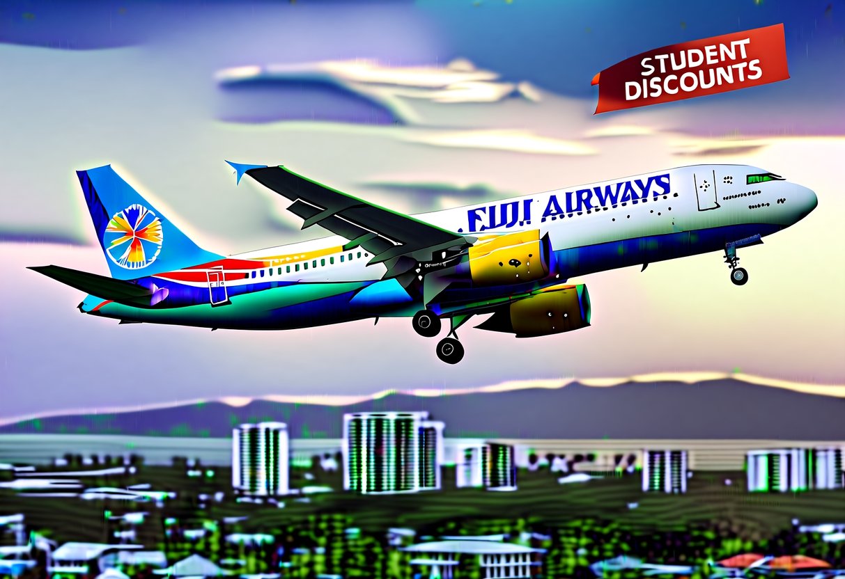 A plane with the Fiji Airways logo flying over the city of Lautoka, with a prominent "Student Discounts" banner