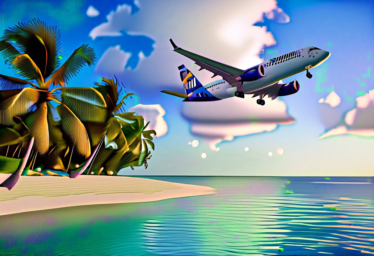 A tropical beach with palm trees, crystal-clear water, and a Fiji Airways plane flying overhead