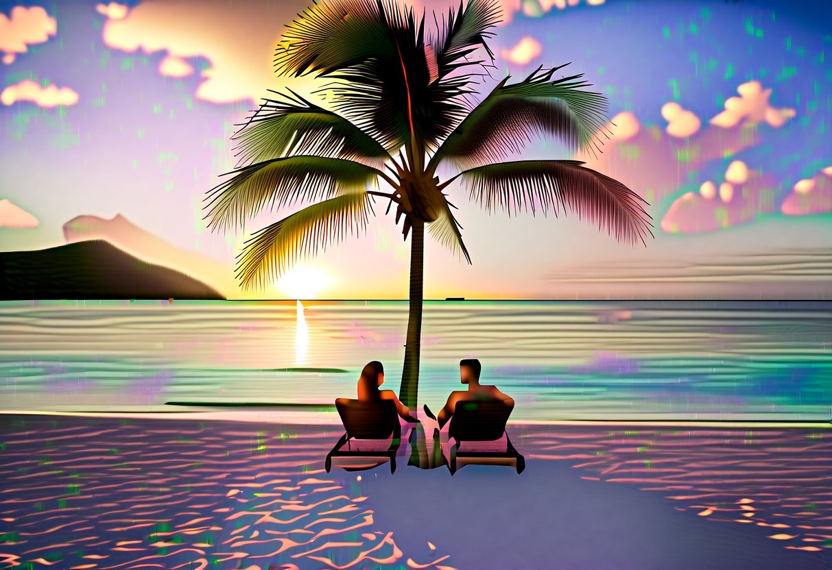 A tropical beach scene with a couple lounging under a palm tree, surrounded by crystal-clear waters and a vibrant sunset