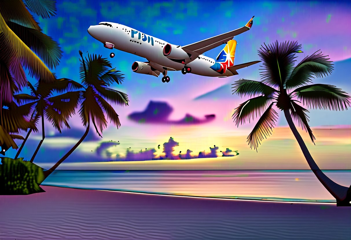 A tropical beach with a vibrant sunset, palm trees, and a Fiji Airways plane flying overhead