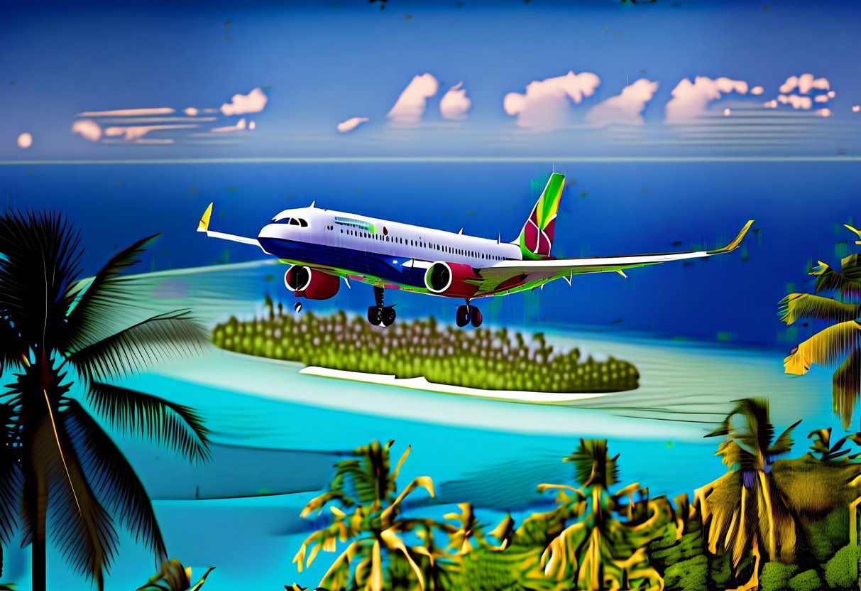 A vibrant airplane soaring above a tropical island with clear blue skies and palm trees