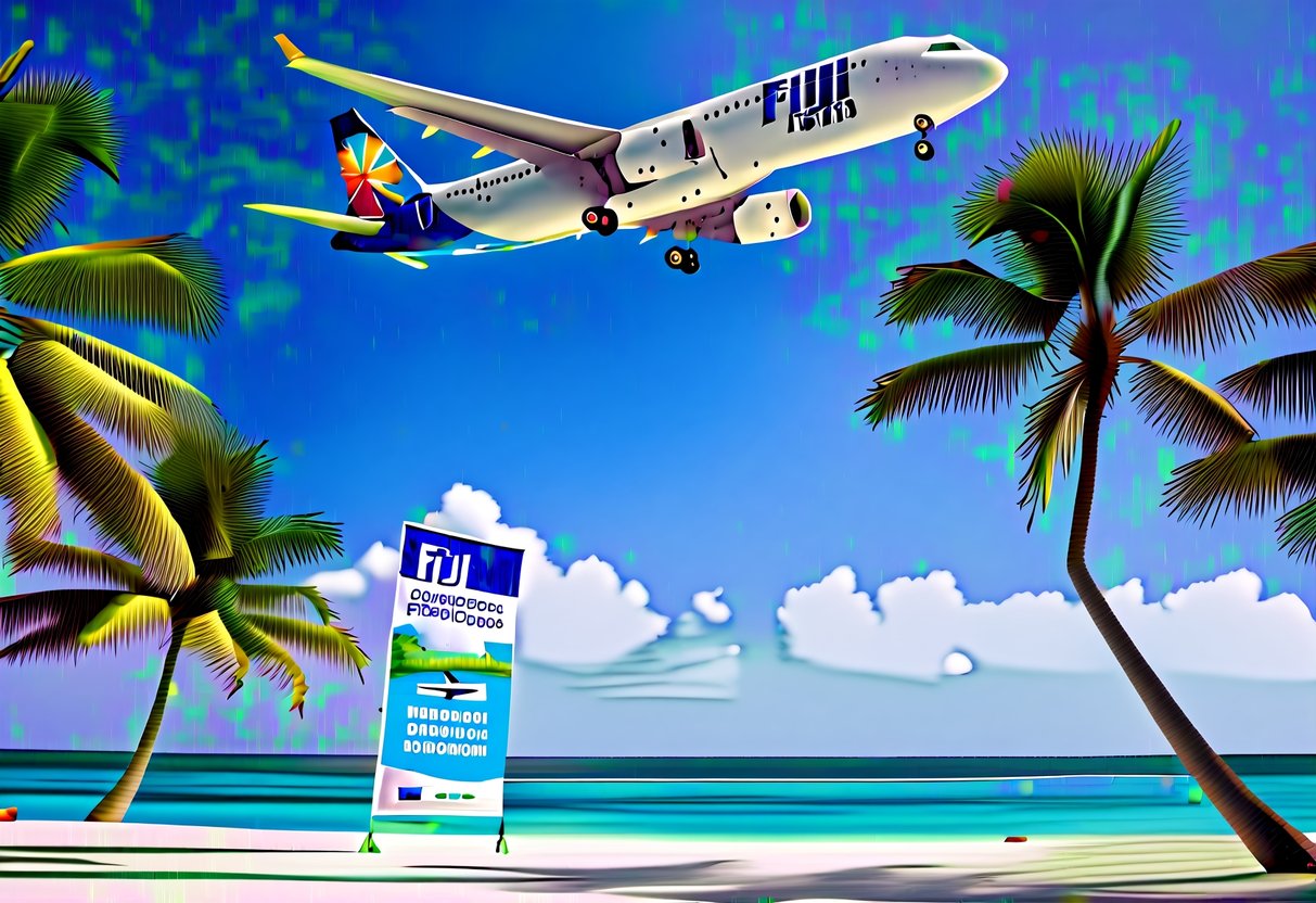 A tropical beach with a clear blue sky, a Fiji Airways plane flying overhead, and a banner advertising promotions