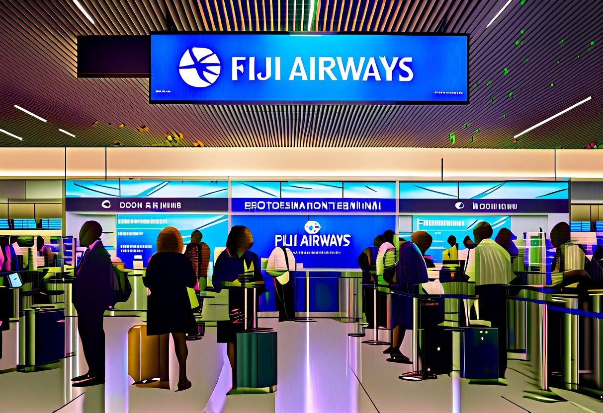 A bustling airport terminal with a prominent "Fiji Airways" promotional display and a crowd of people seeking information