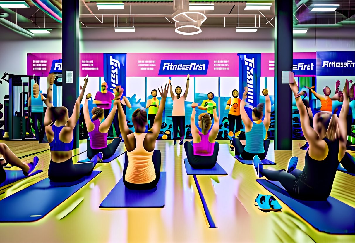 A vibrant gym with people enjoying various fitness activities, surrounded by promotional banners and signs for FitnessFirst