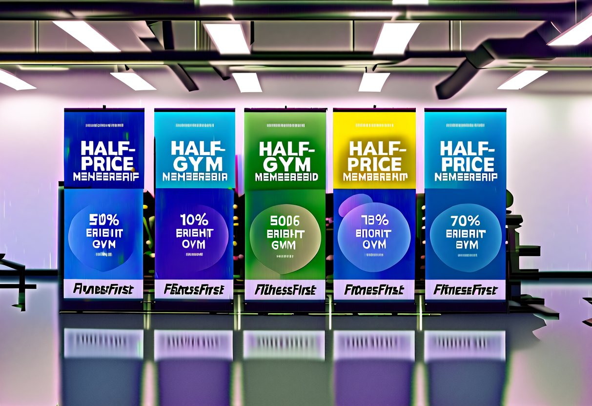 A bright, modern gym with colorful banners advertising "Half-Price Gym Membership" promotions at FitnessFirst