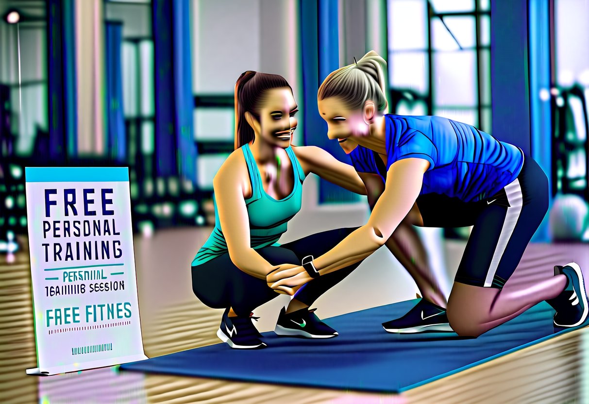 A fitness trainer guiding a client through exercises in a gym setting with promotional materials for free personal training session displayed nearby