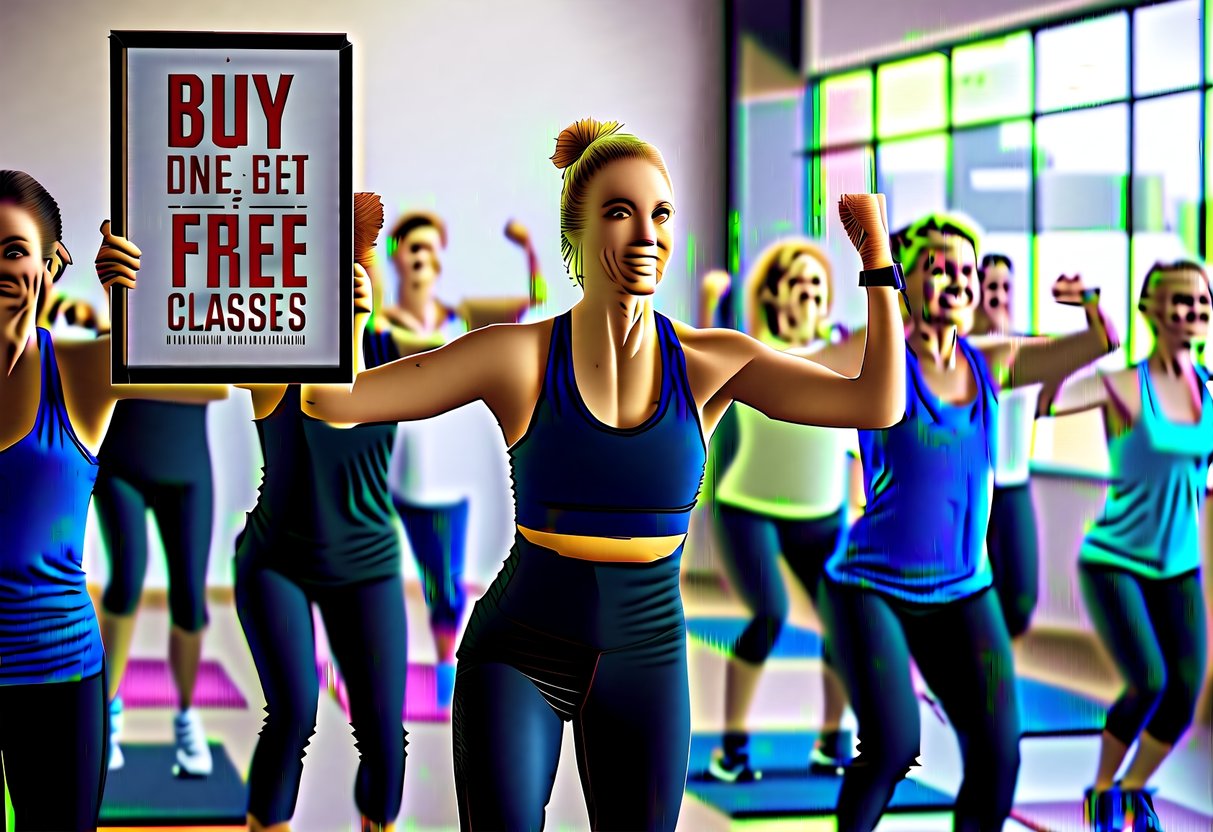 A fitness instructor leads a group of people in a high-energy workout class, with a prominent "Buy One, Get One Free Classes" sign displayed