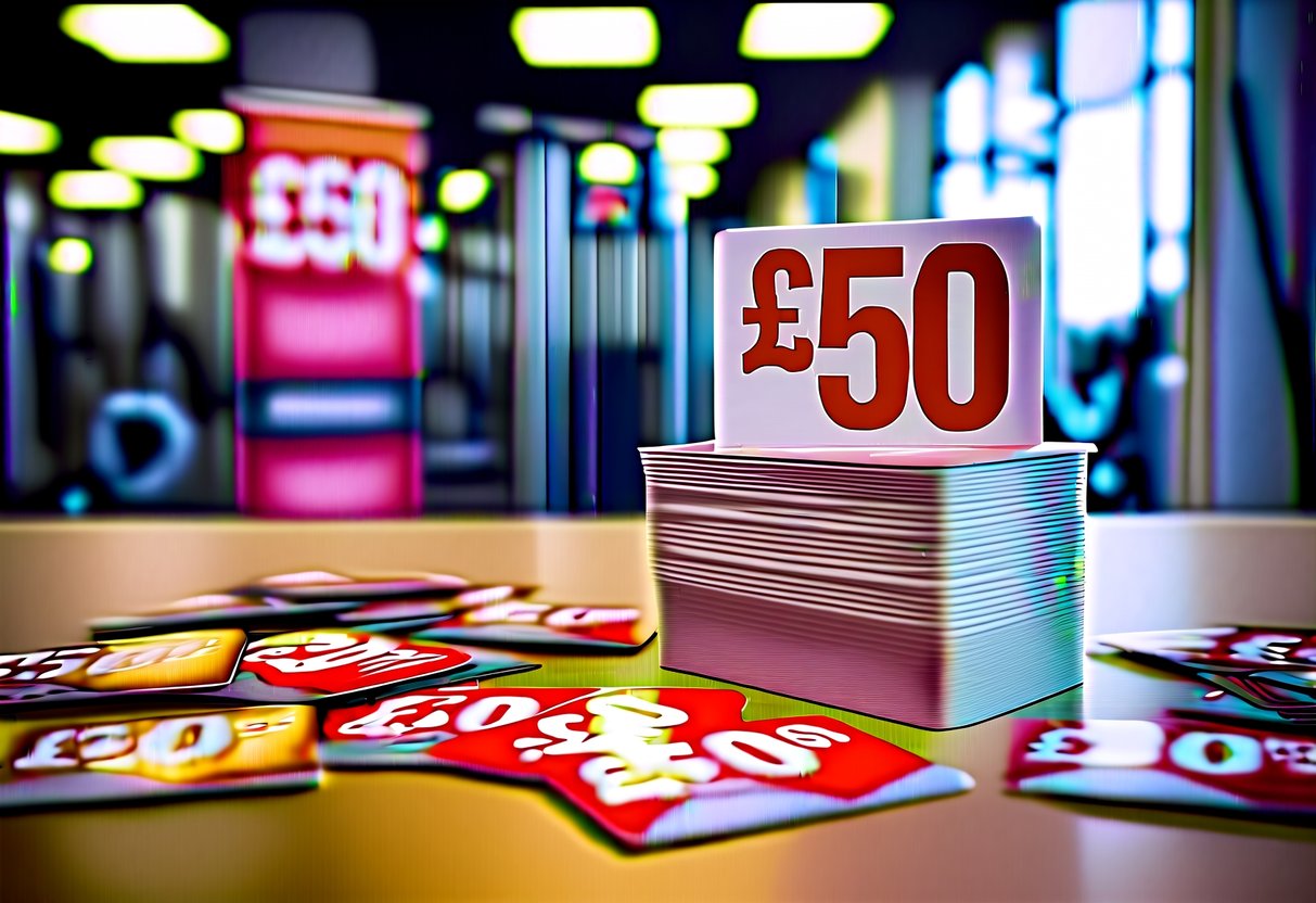 A stack of £50 gift cards surrounded by fitness equipment and promotional signage