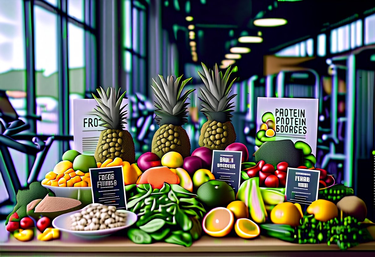 A table with fresh fruits, vegetables, and protein sources arranged in an appealing display, surrounded by fitness equipment and promotional materials