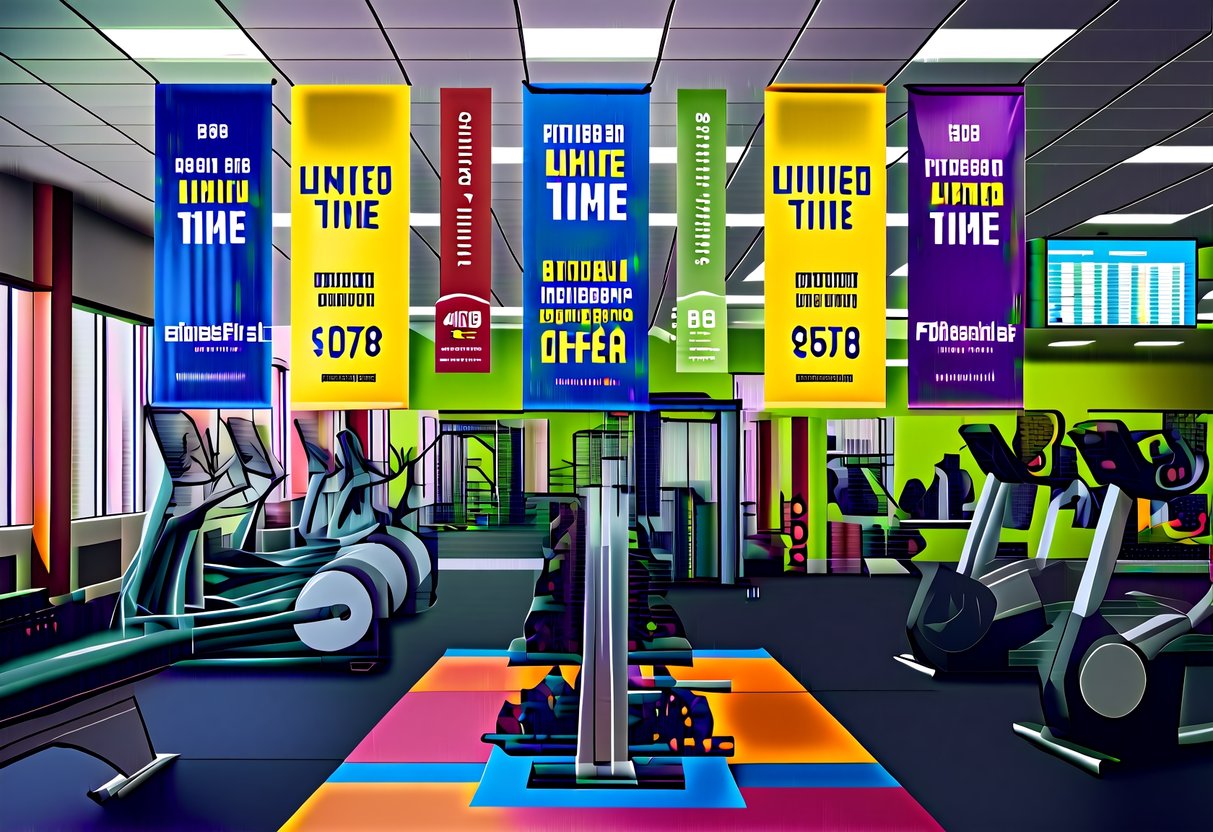A colorful, energetic gym environment with promotional banners and signage for limited-time student membership offer at FitnessFirst