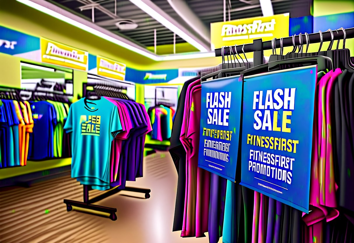 Brightly lit store with racks of colorful fitness apparel. "Flash Sale" signs and "fitnessfirst promotions" banners displayed prominently