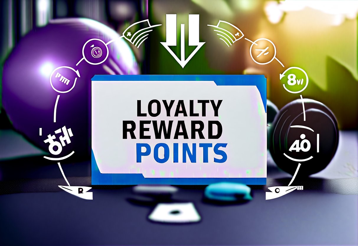 A gym membership card surrounded by energetic symbols and fitness equipment, with a prominent "Loyalty Reward Points Boost" message