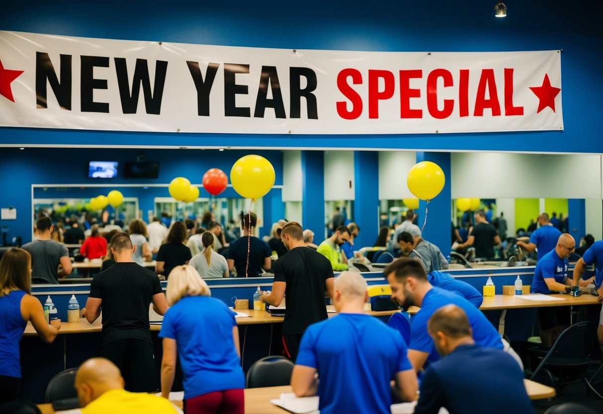 A vibrant gym with a "New Year Special" banner, bustling with people signing up