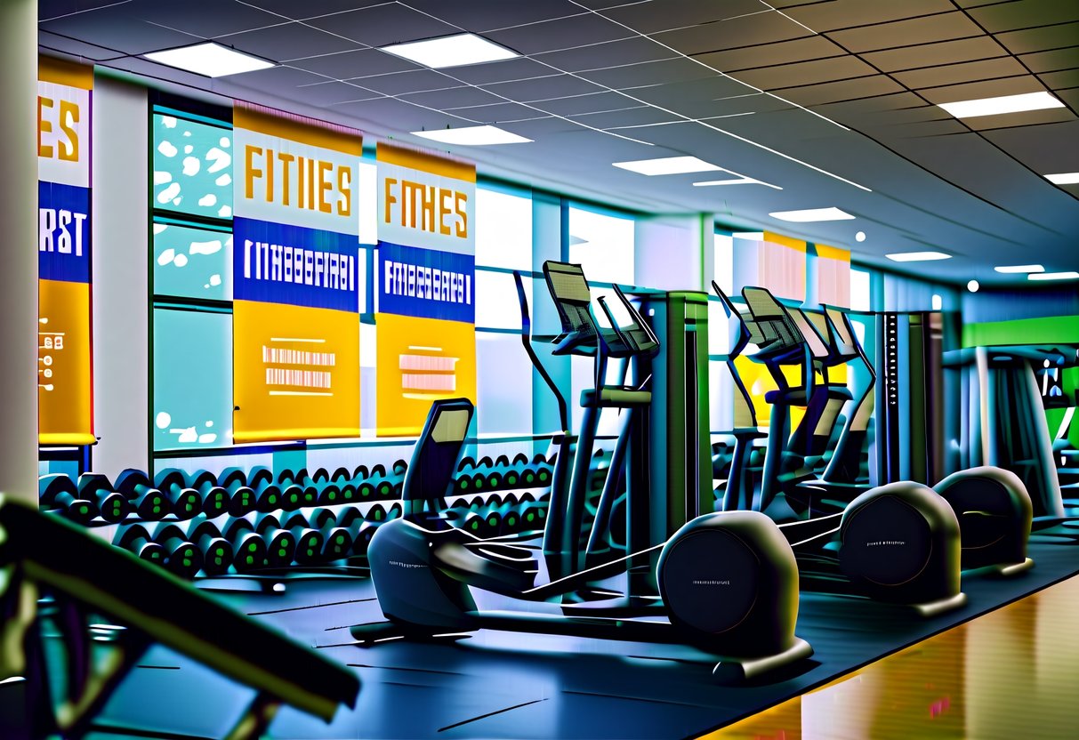 A bright gym with equipment and banners promoting FitnessFirst promotions