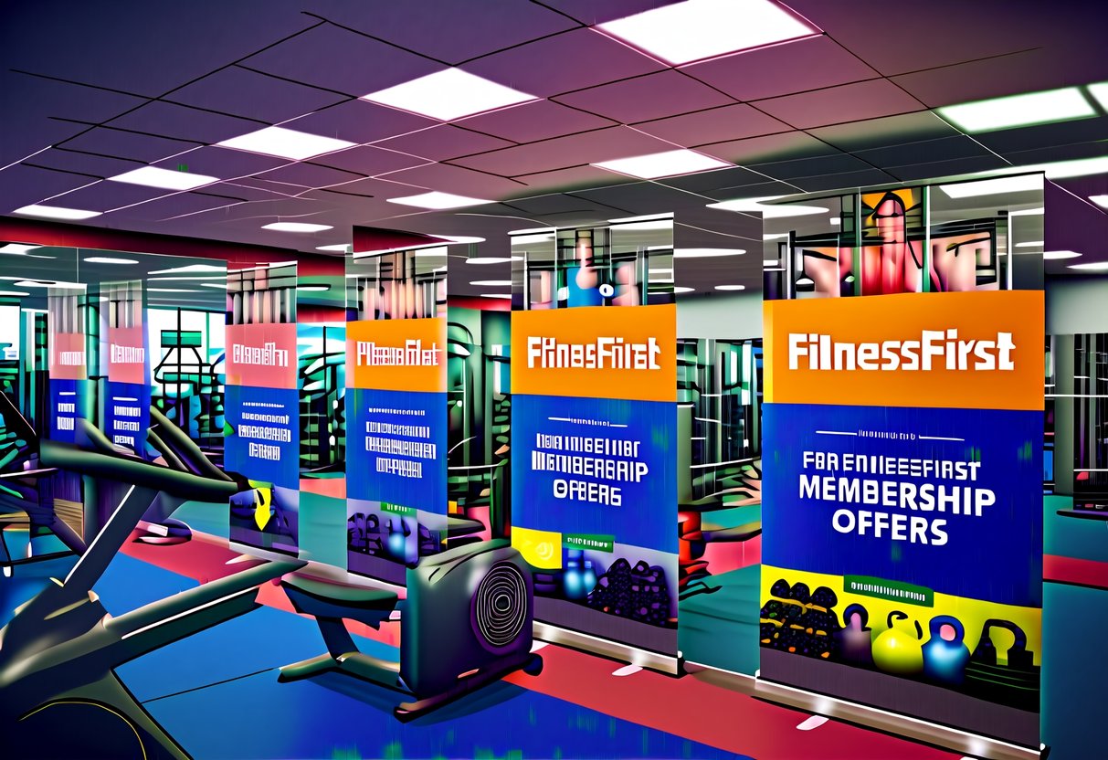 A vibrant gym with modern equipment and colorful promotional banners for FitnessFirst membership offers
