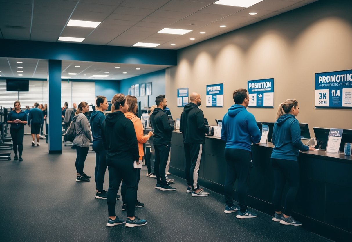 A line of people at a gym reception desk, with promotional banners and flyers displayed