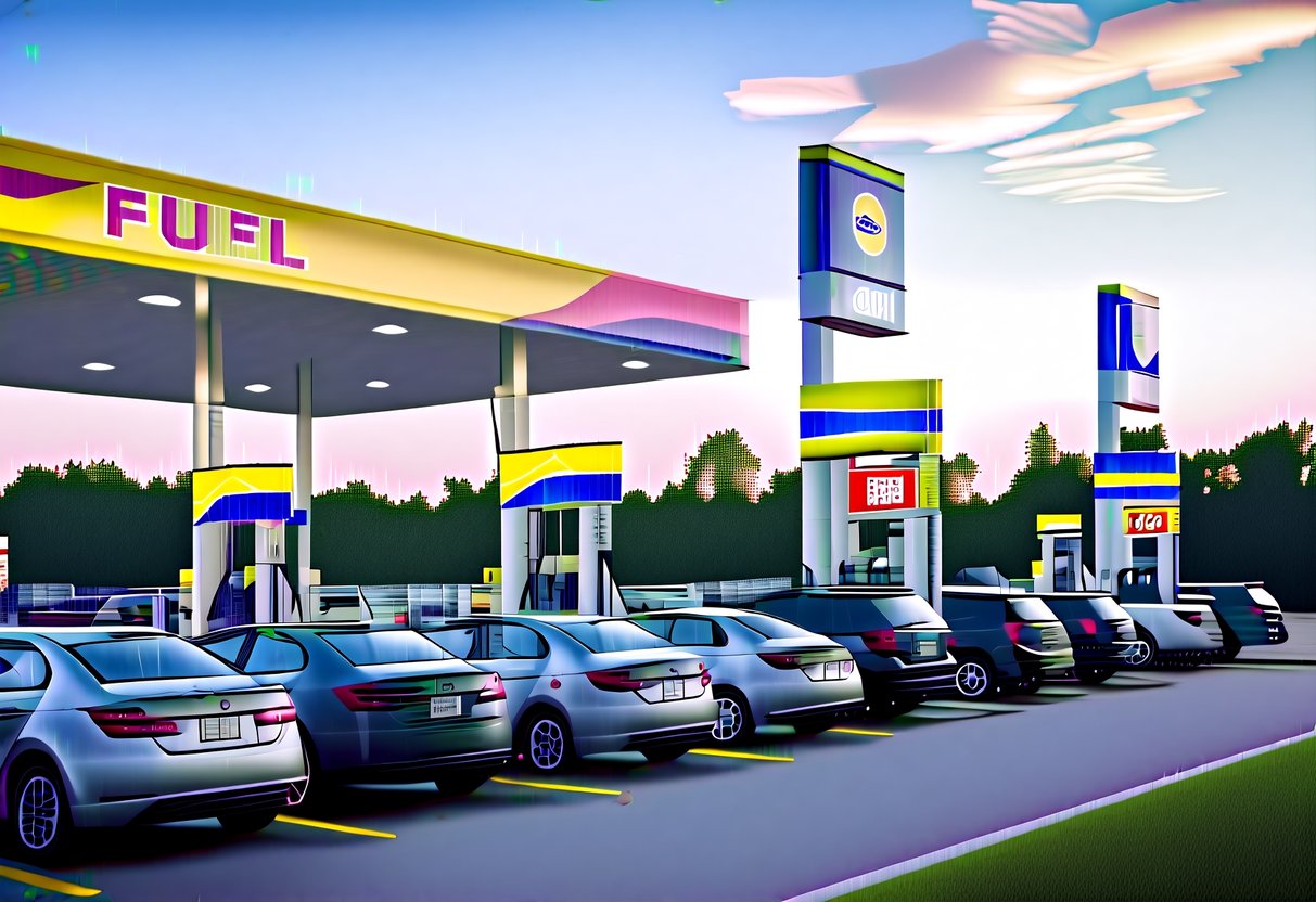 A gas station with colorful banners and signs advertising fuel promotions. Cars lined up at the pumps